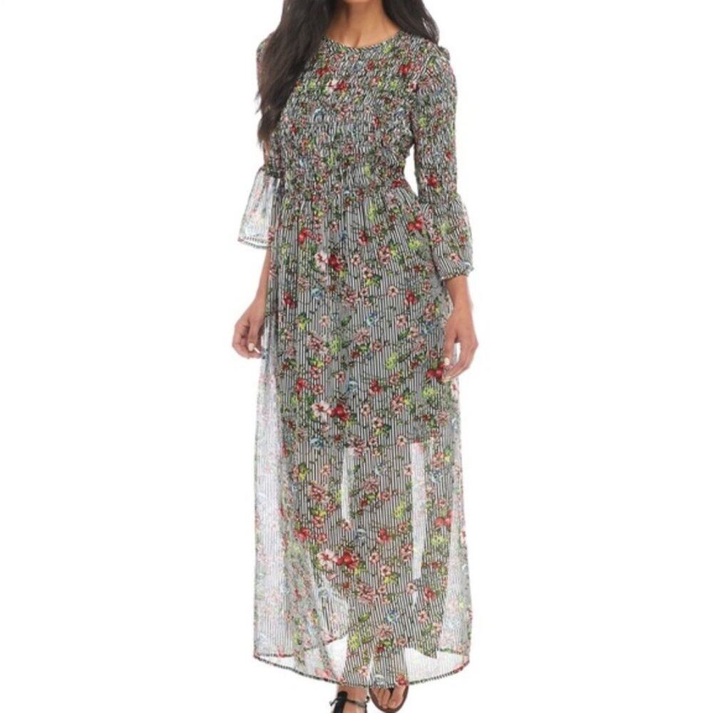 ECI Smocked Sheer Floral Striped Printed Three Quarter Sleeve Maxi Dress Large